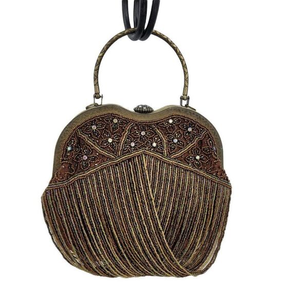 Vtg Baguette Formal Beaded Fringe Framed Kiss Closure Top Handle Bronze - Picture 1 of 11